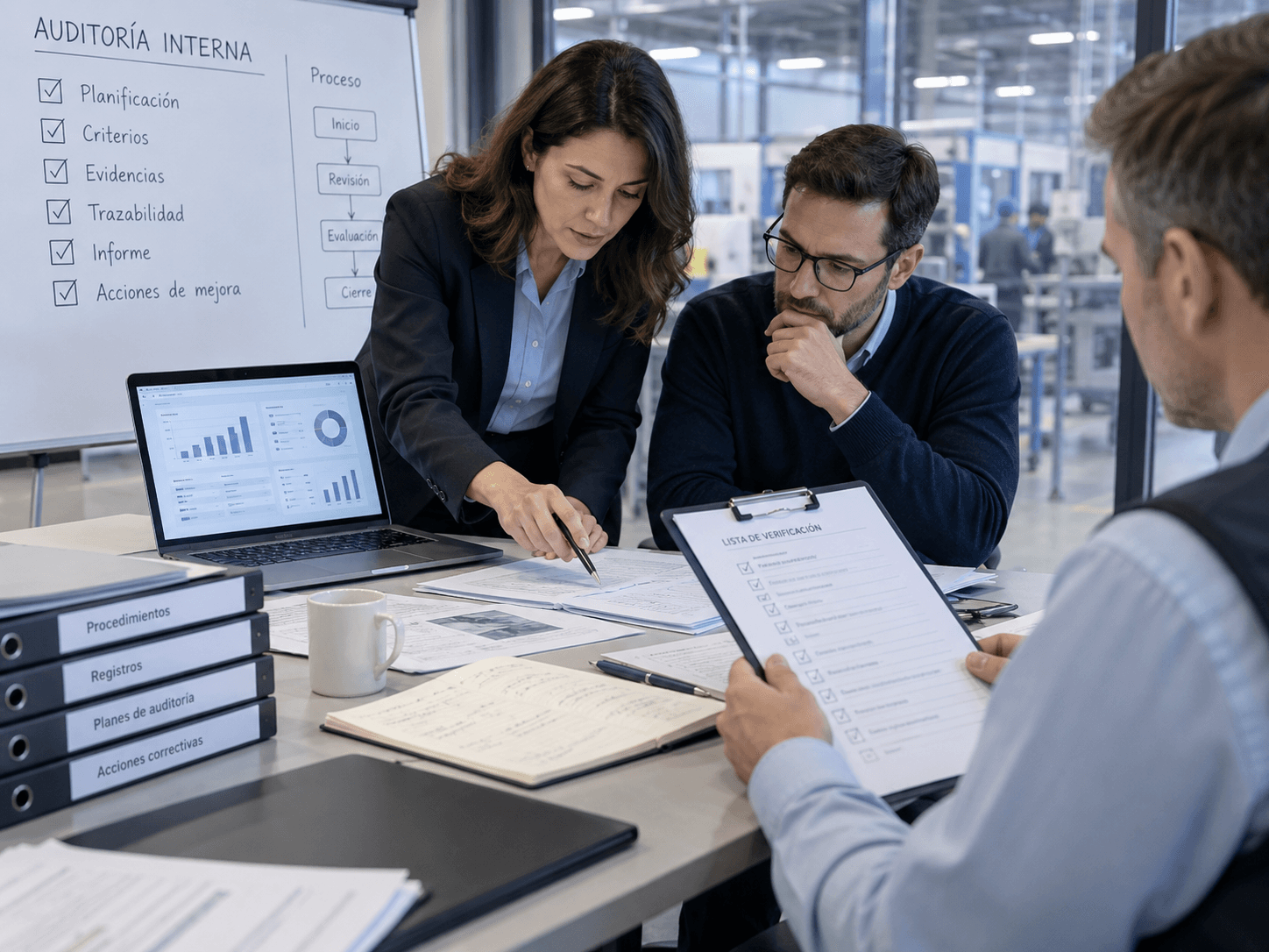 Equipo profesional revisando documentación y evidencias durante una auditoría interna