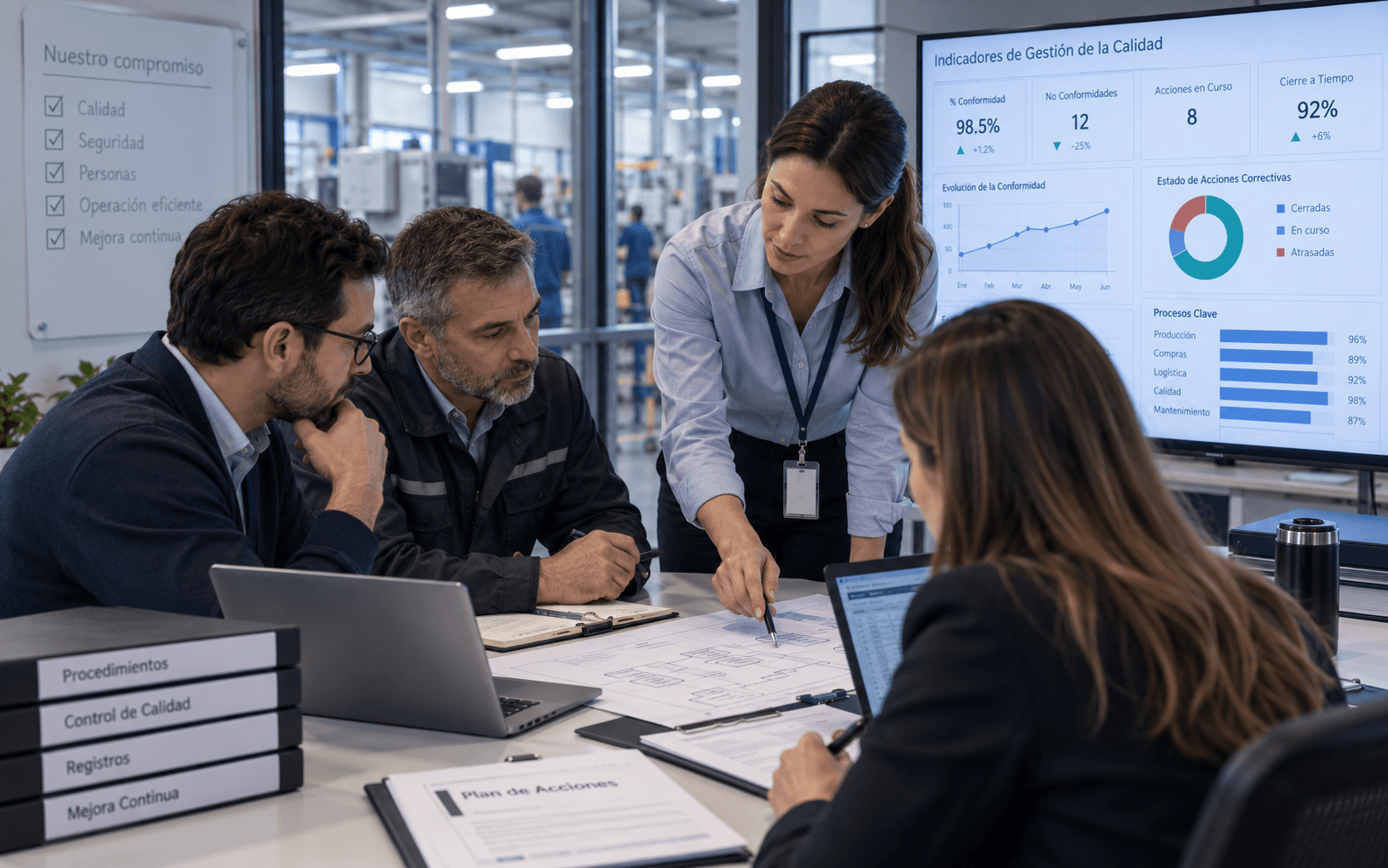 Equipo revisando indicadores de calidad y acciones de mejora